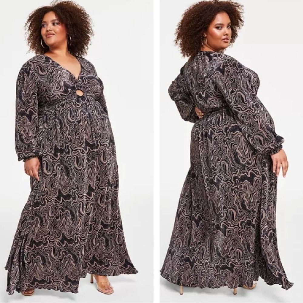 Nina Parker NEW Keyhole Printed Plisse Pleated Maxi Dress Sz 3X Black Taupe